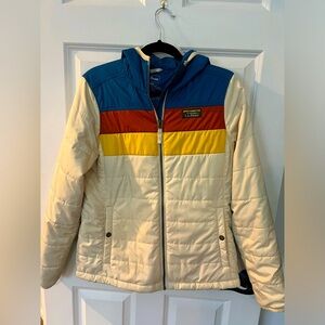 LL Bean women’s light puffer rainbow coat with hood